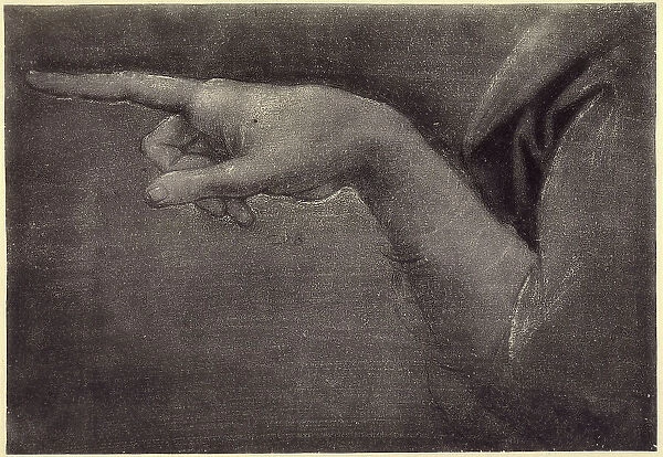 Study of the arm and the hand of an angle of the Virgin of the Rocks. Charcoal and pen drawing and lighted with white lead by Leonardo da Vinci, preserved at the Royal Library of Windsor