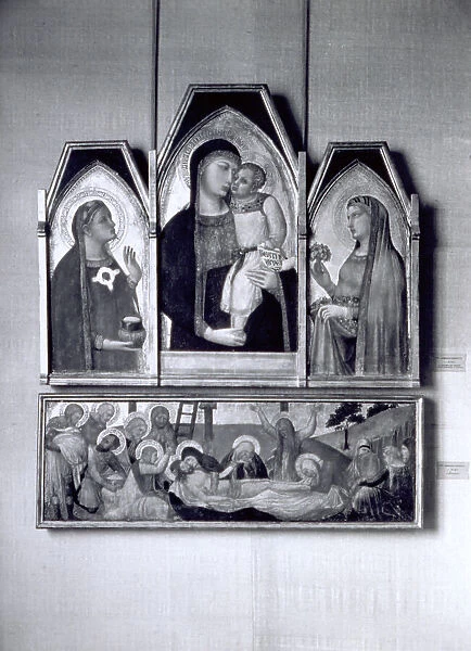 Triptych on panel painted by Ambrogio Lorenzetti. Shown are, respectively, the Madonna and Child and Saints, the Deposition. The works are in the Pinacoteca Nazionale in Siena