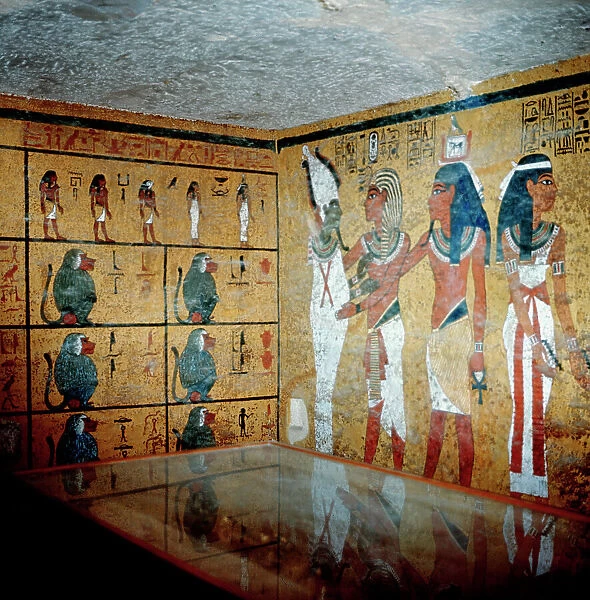 The Valley of the Kings, the mummy and the sarcophagus with the golden mask in the tomb of Tutankhamen