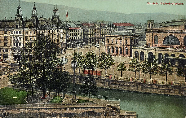 View of the Bahnhofplatz, Zurich; postcard