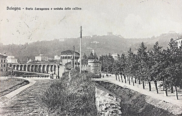View of the hills around Bologna with the Porta Saragozza in the background; postcard
