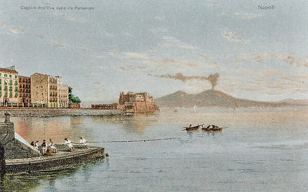 View of Naples with Castel dell'Ovo and Vesuvius; postcard, color print