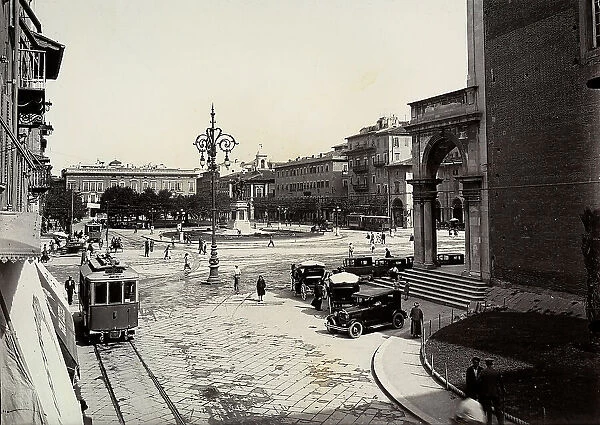 View of Piazza Grande in Livorno with tram and automobiles