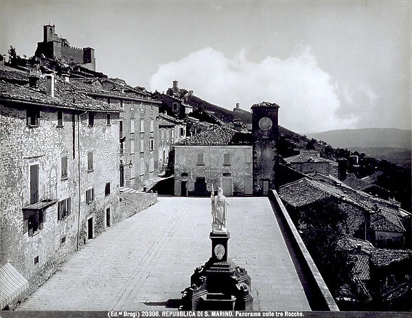 View of San Marino from piazza della Libert: in the background the Three Forts. In the piazza the Statue of Liberty, by Stefano Galletti (1876), donated by Otilia Heyroth Wagner