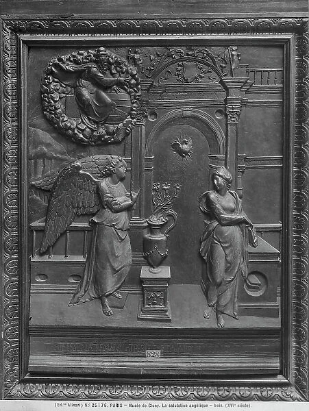Wooden panel with a bas-relief depicting the Annunciation of the Virgin. Muse du Moyen-Age de Cluny, Paris