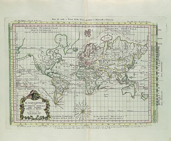 World Map and a general description of the globe, reduced to a picture, engraving by G. Zuliani taken from Tome I of the 'Newest Atlas' published in Venice in 1774 by Antonio Zatta, Private Collection