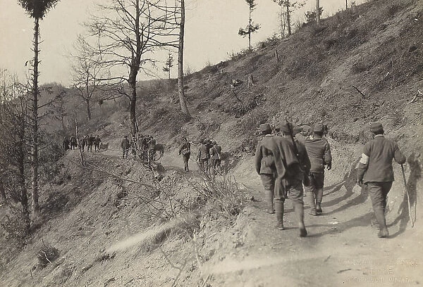 World War I: Transport of wounded soldiers from the front line of trinceee in Saint Lucia