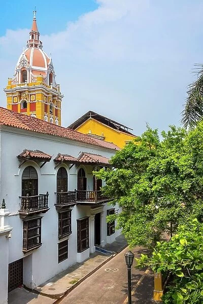 Colombia, Cartagena, typical colonial facade, with Cathedral dome in back, UNESCO World Heritage site