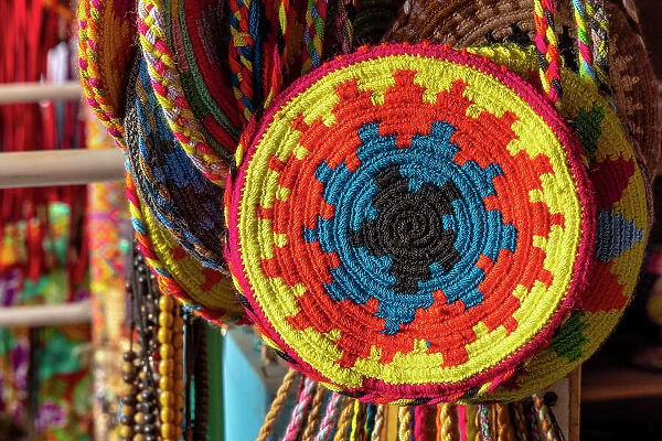 Colombia, Magdalena, Taganga, handmade bag displayed