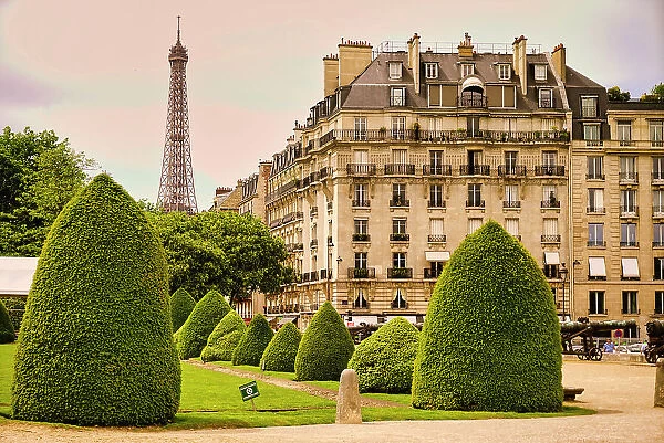 France, Paris, garden and building near Eiffel Tower
