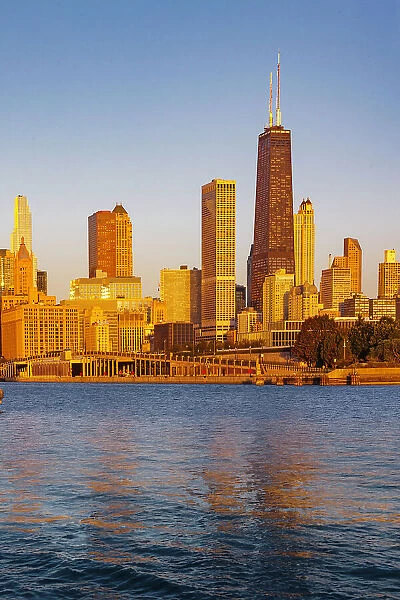 Illinois, Chicago, City Skyline with Water Reflection