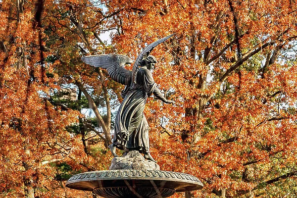 New York City, Central Park, Manhattan, Angel of the Waters fountain in Autumn, foliage