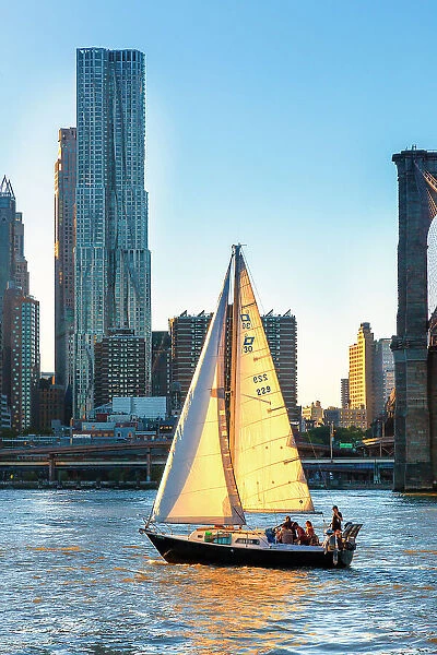 New York City, Lower Manhattan, Gehry's 8 Spruce Street building, and sailboat