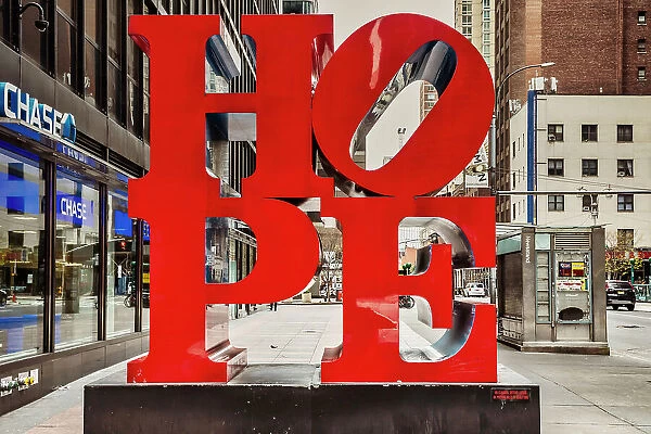 New York City, Manhattan HOPE Sculpture by Robert Indiana on 7th Avenue