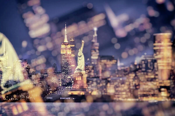 New York, New York City, Skyline with Statue of Liberty, night