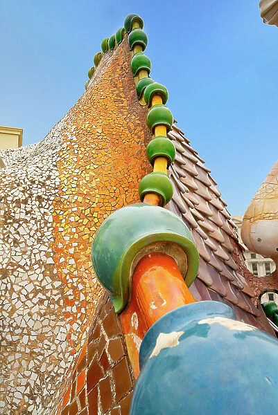Spain, Barcelona, Casa Batllo, roof architecture and ceramic tiles