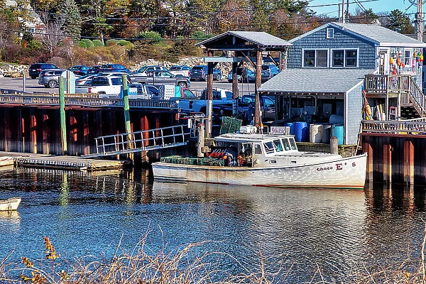 USA, Maine, Ogunquit, Perkins Cove, Lobster Boat and Fishing Gear