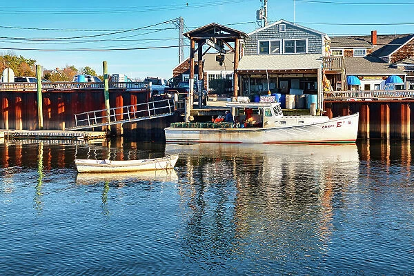 USA, Maine, Ogunquit, Perkins Cove, Lobster Boat and fishing Gear