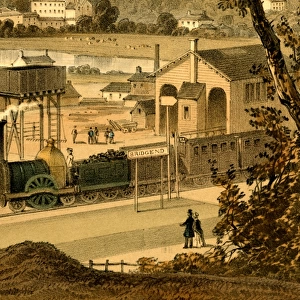 Close up view of broad gauge train at Bridgend Station, c. 1850