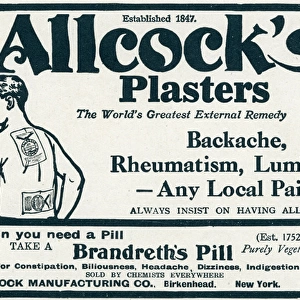 Advert for Allcocks Plasters for aches and pains WWI