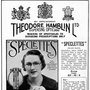 Advert Theodore Hamblin, fold-away spectacles 1937