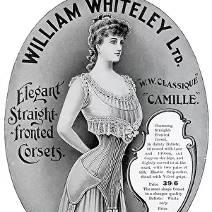 Advertisement for William Whiteley elegant straight fronted corset. Date: 1906