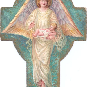 Angel and Baby Jesus on a cross-shaped Christmas card