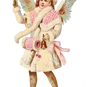 Angel with bell and holly on a Victorian Christmas scrap