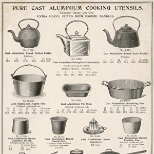 An assortment of aluminium cooking utensils