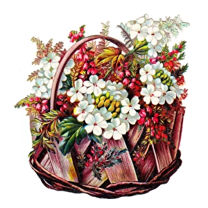 Basket of pink and white flowers on a Victorian scrap