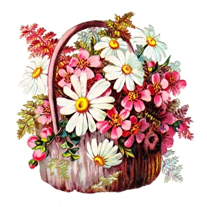 Basket of pink and white flowers on a Victorian scrap