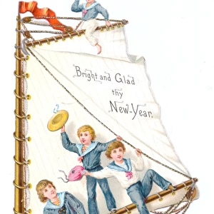 Four boys in sailor suits on a New Year card