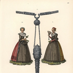 Burgher women of Augsburg in full skirts, bodices