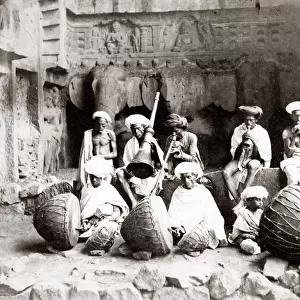 c. 1880s India - Indian musicians at the Karlee caves