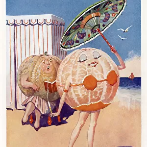 Cartoon by George Studdy, part of his Fruity Fables series, showing a lady orange peeling off her skin down to a bikini. Credit should read: Estate of George Studdy/Gresham Marketing Ltd. /ILN/Mary Evans Date: 1938