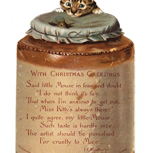 Cat and mouse on a pot-shaped Christmas card