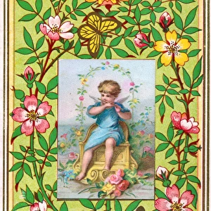 Cherub playing pipe on a floral greetings card
