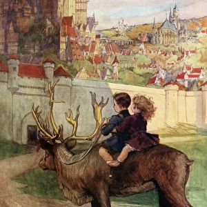 Children ride reindeer by P. A. Staynes