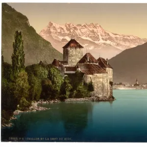 Chillon Castle, and Dent du Midi, Geneva Lake, Switzerland