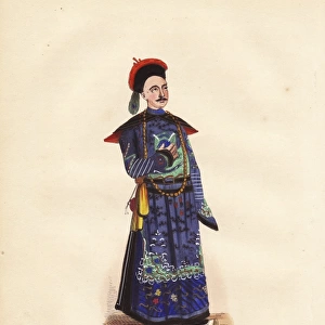 Chinese mandarin in embroidered tabard and hat with feather