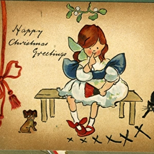 Christmas card, girl sitting under mistletoe
