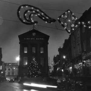 Christmas decorations and bank, Penzance, Cornwall