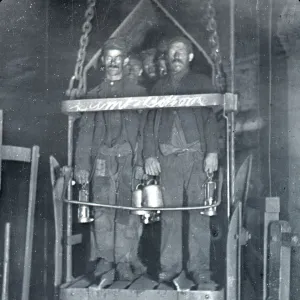 Coal miners in shaft lift, South Wales