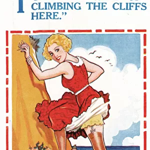Comic postcard, Couple climbing a cliff at the seaside - getting the wind up Date