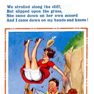 Comic postcard, Couple falling off a cliff onto the beach