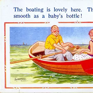 Comic postcard, Couple in a rowing boat on the sea