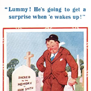 Comic postcard, drunkard in cemetery