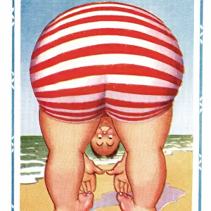 Comic postcard, exercising on the beach