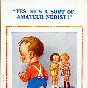 Comic postcard, Two girls discuss little boy Date: 20th century