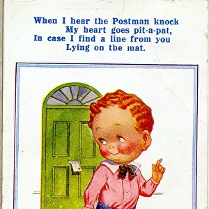 Comic postcard, Little boy expecting a letter from someone special Date: 20th century
